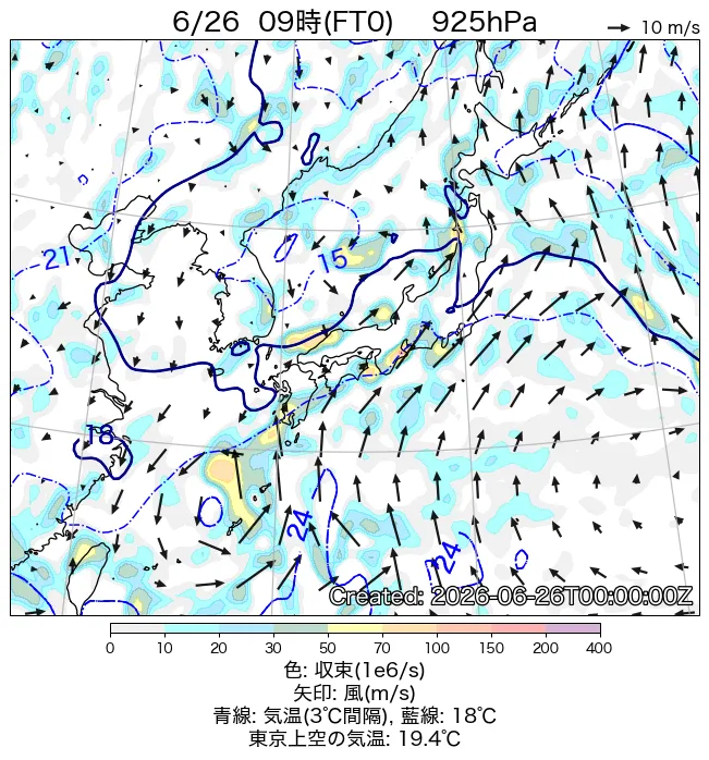 2026年6月26日の日本周辺の925hPa天気図（9時）