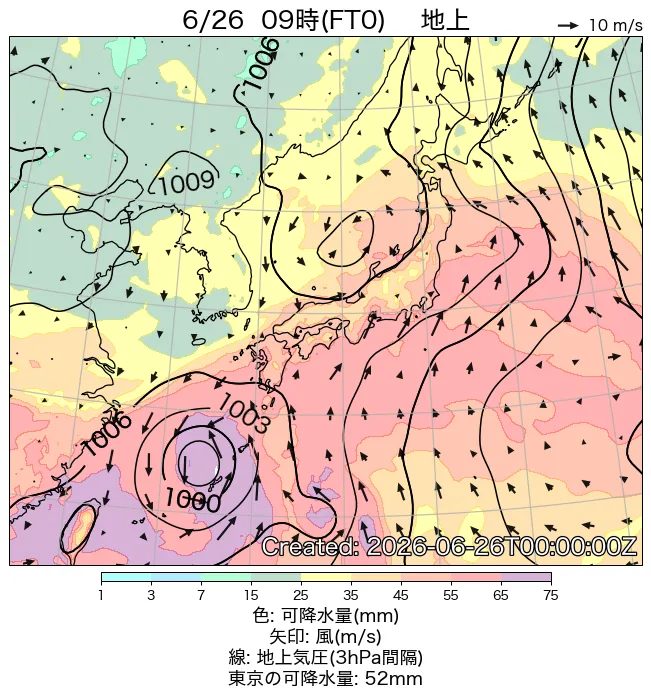 2026年6月26日の日本周辺の地上天気図（9時）