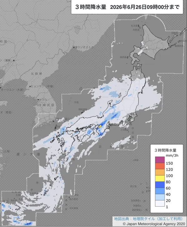2026年6月26日6〜9時の日本周辺の3時間解析降水量