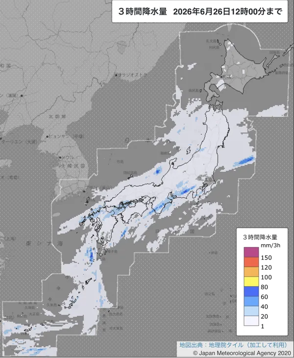 2026年6月26日9〜12時の日本周辺の3時間解析降水量