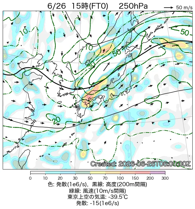 2026年6月26日の日本周辺の250hPa天気図（15時）