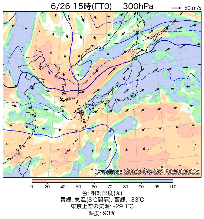 2026年6月26日の日本周辺の300hPa天気図（15時）