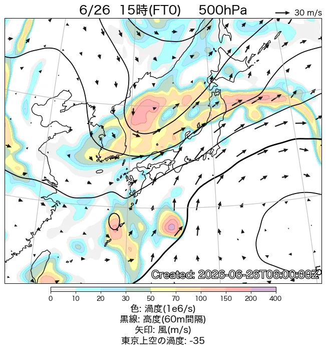 2026年6月26日の日本周辺の500hPa天気図（15時）