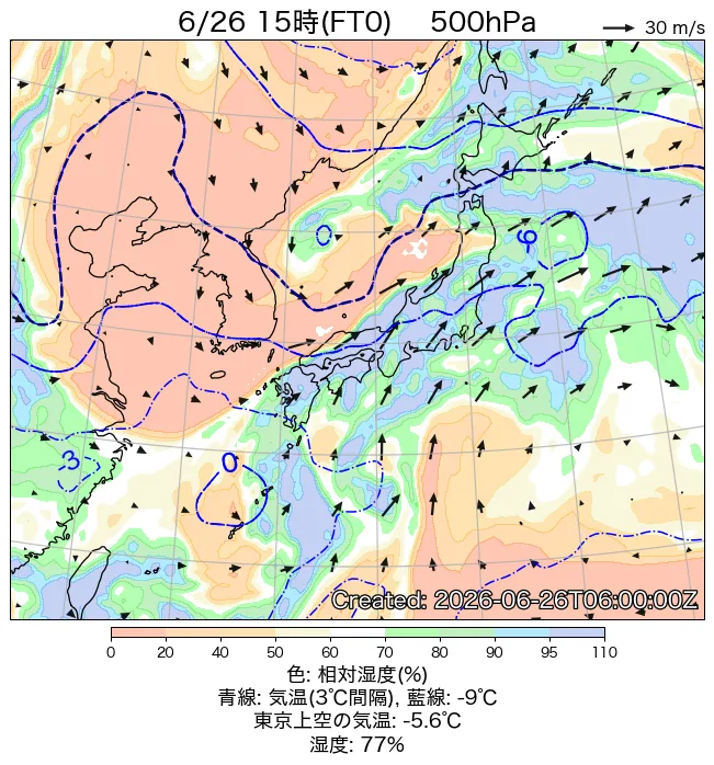 2026年6月26日の日本周辺の500hPa天気図（15時）