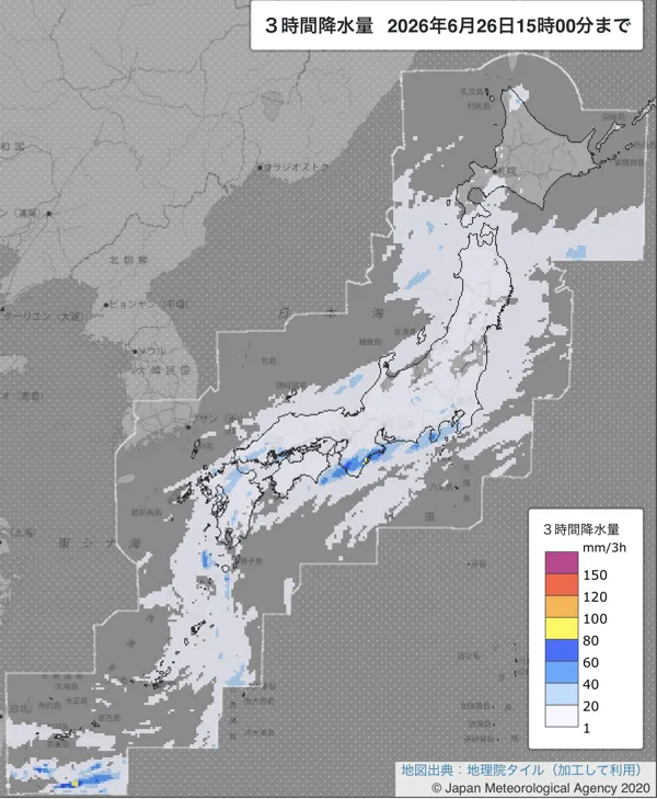 2026年6月26日12〜15時の日本周辺の3時間解析降水量