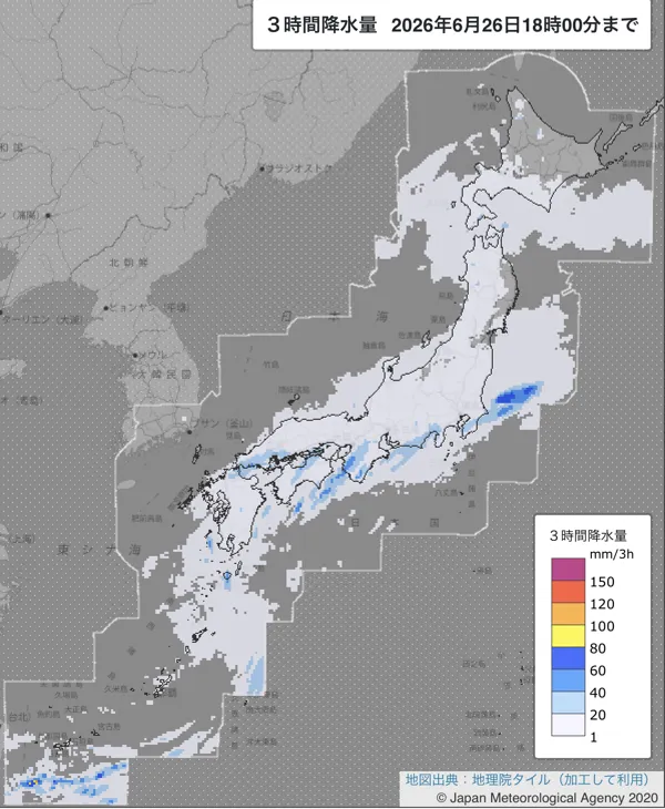 2026年6月26日15〜18時の日本周辺の3時間解析降水量