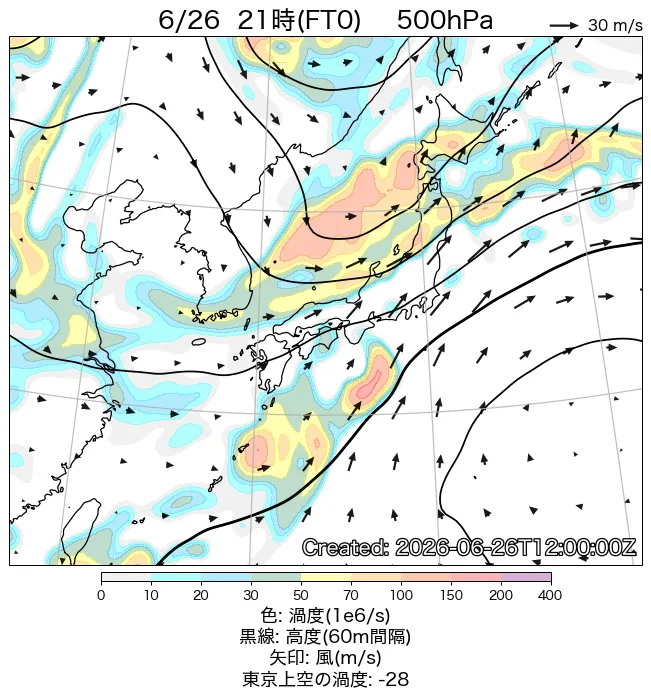2026年6月26日の日本周辺の500hPa天気図（21時）