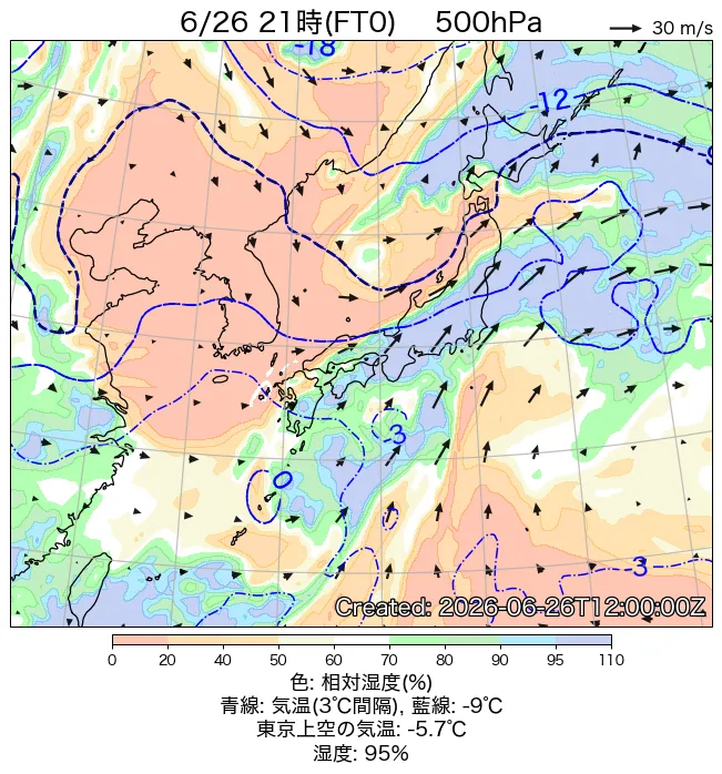 2026年6月26日の日本周辺の500hPa天気図（21時）