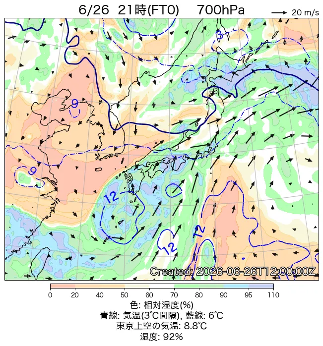 2026年6月26日の日本周辺の700hPa天気図（21時）