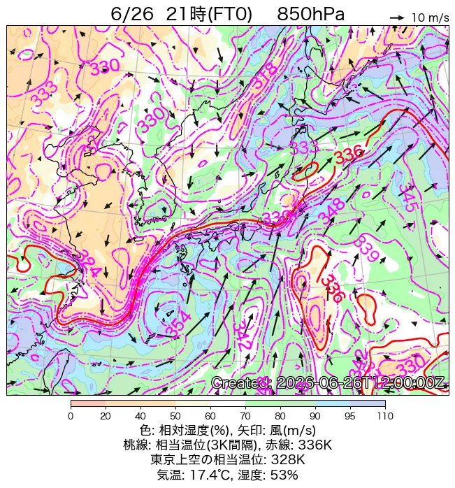 2026年6月26日の日本周辺の850hPa天気図（21時）