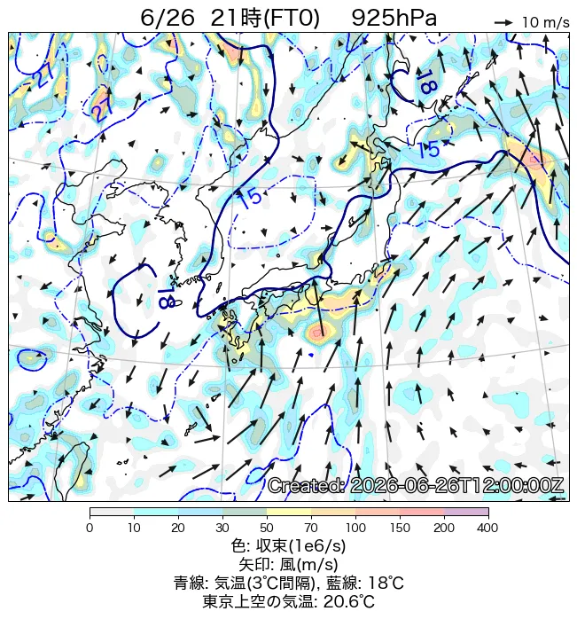 2026年6月26日の日本周辺の925hPa天気図（21時）