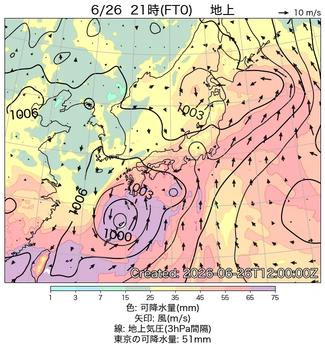 2026年6月26日の日本周辺の地上天気図（21時）