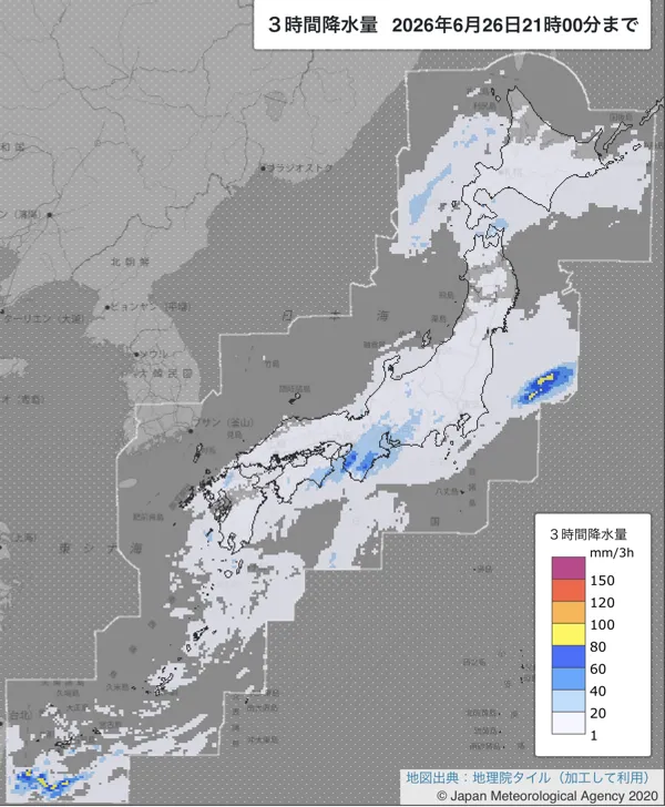 2026年6月26日18〜21時の日本周辺の3時間解析降水量