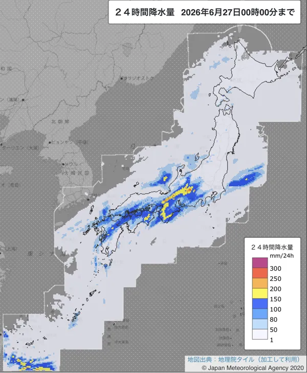 2026年6月26日の日本周辺の日解析雨量の図
