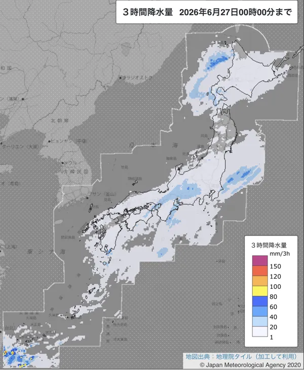 2026年6月26日21〜24時の日本周辺の3時間解析降水量