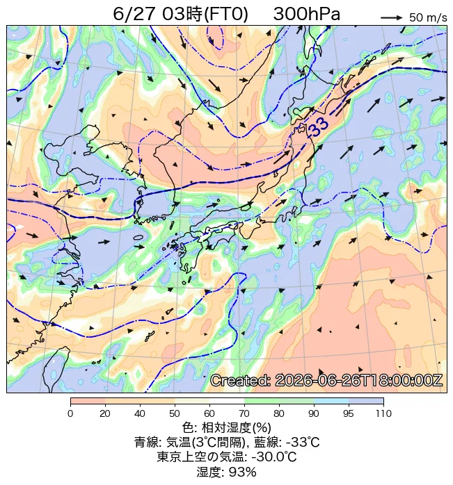 2026年6月27日の日本周辺の300hPa天気図（3時）
