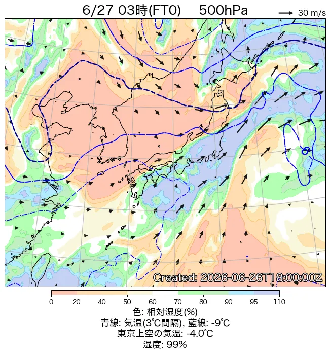 2026年6月27日の日本周辺の500hPa天気図（3時）