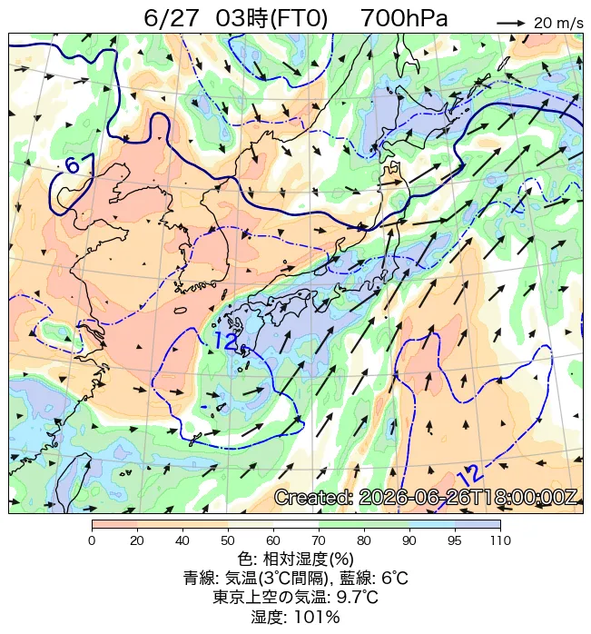 2026年6月27日の日本周辺の700hPa天気図（3時）