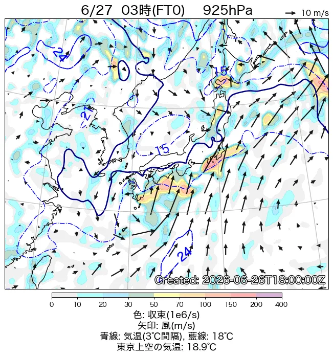 2026年6月27日の日本周辺の925hPa天気図（3時）