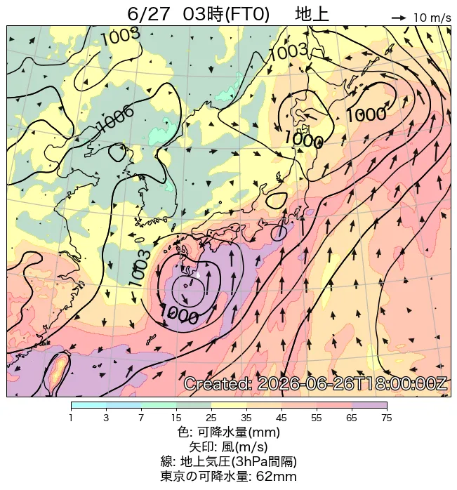 2026年6月27日の日本周辺の地上天気図（3時）