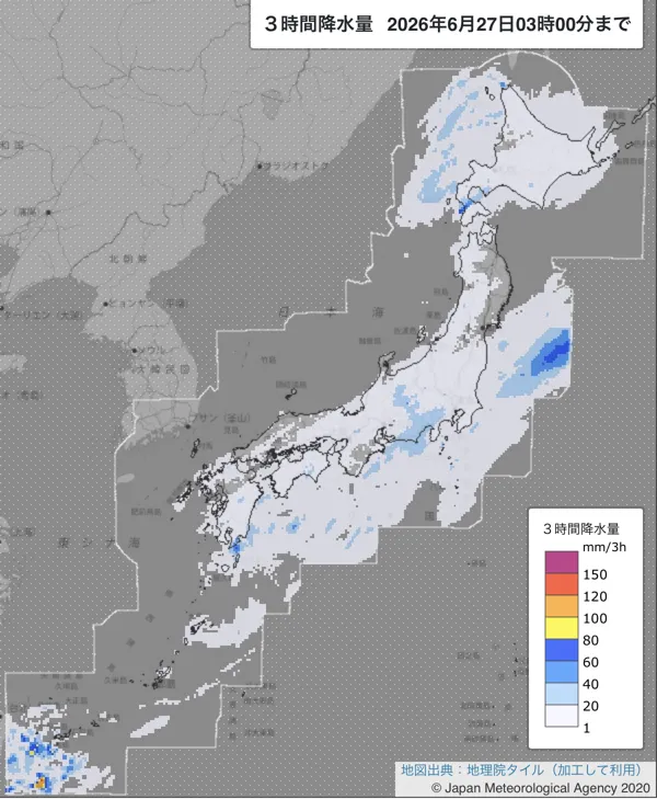 2026年6月27日0〜3時の日本周辺の3時間解析降水量