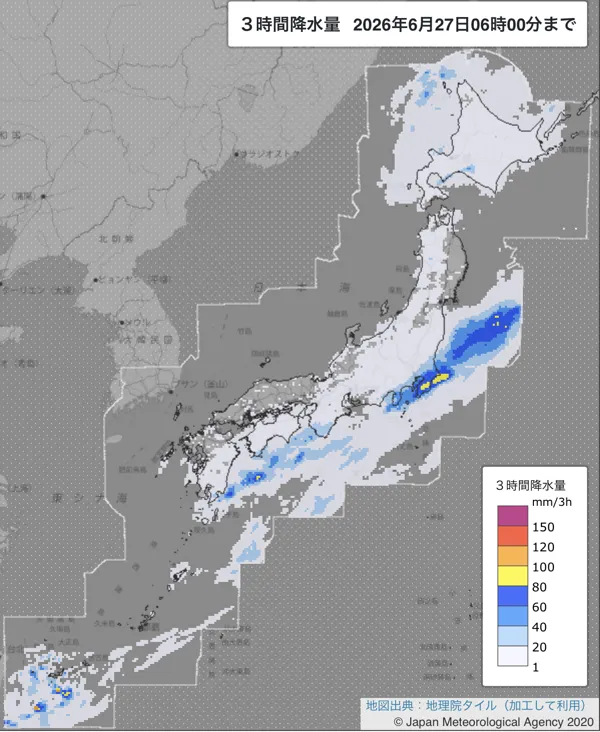 2026年6月27日3〜6時の日本周辺の3時間解析降水量