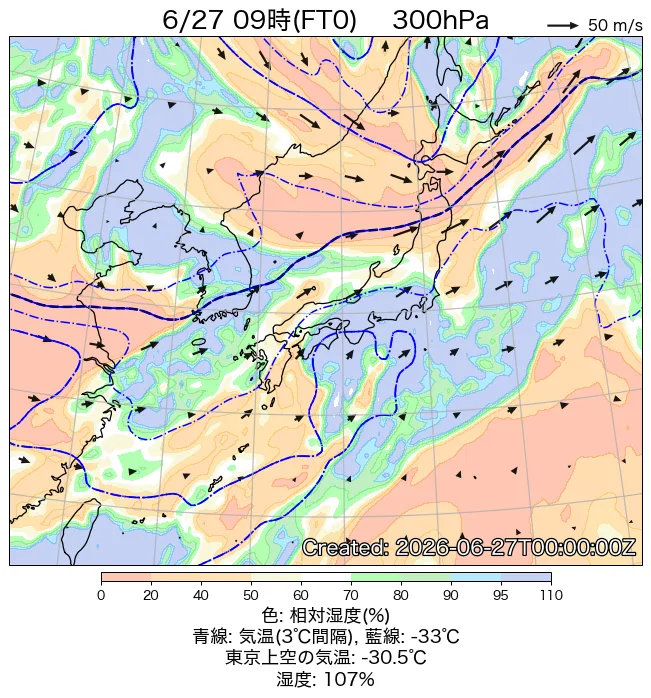 2026年6月27日の日本周辺の300hPa天気図（9時）