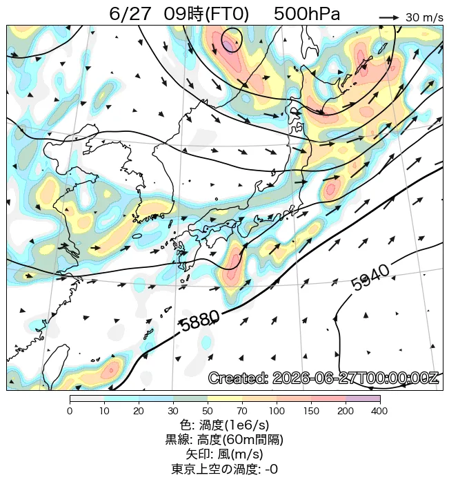 2026年6月27日の日本周辺の500hPa天気図（9時）