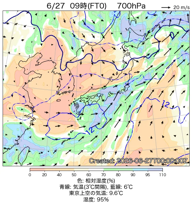 2026年6月27日の日本周辺の700hPa天気図（9時）
