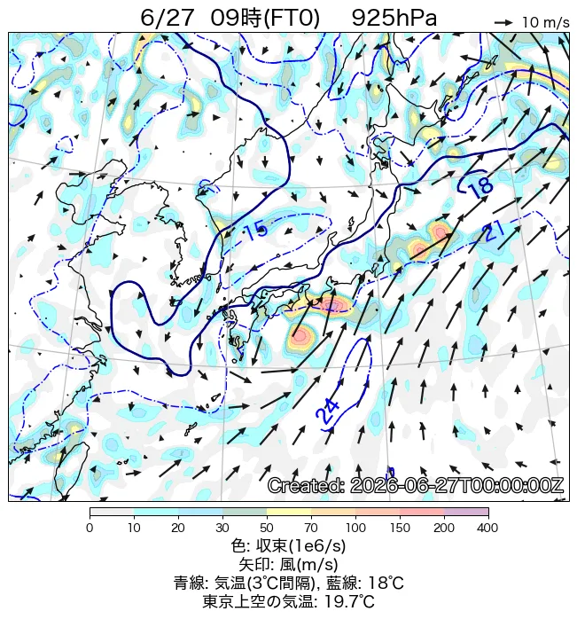 2026年6月27日の日本周辺の925hPa天気図（9時）