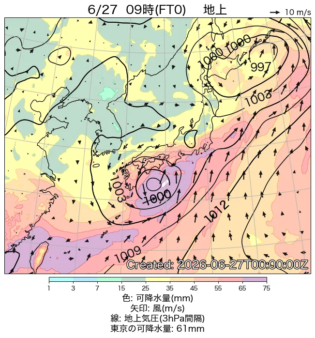 2026年6月27日の日本周辺の地上天気図（9時）