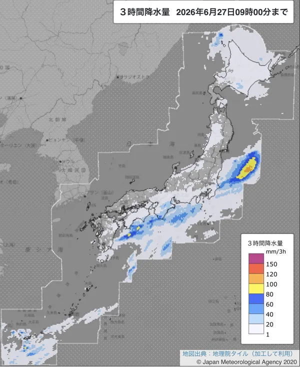 2026年6月27日6〜9時の日本周辺の3時間解析降水量