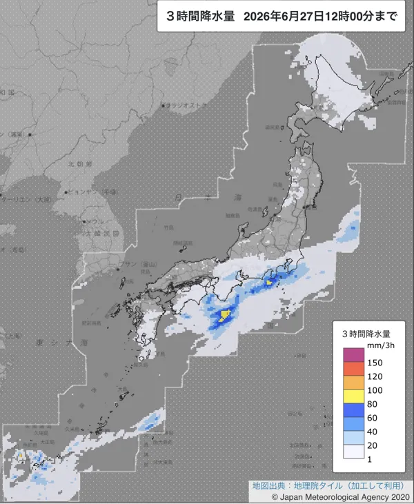 2026年6月27日9〜12時の日本周辺の3時間解析降水量