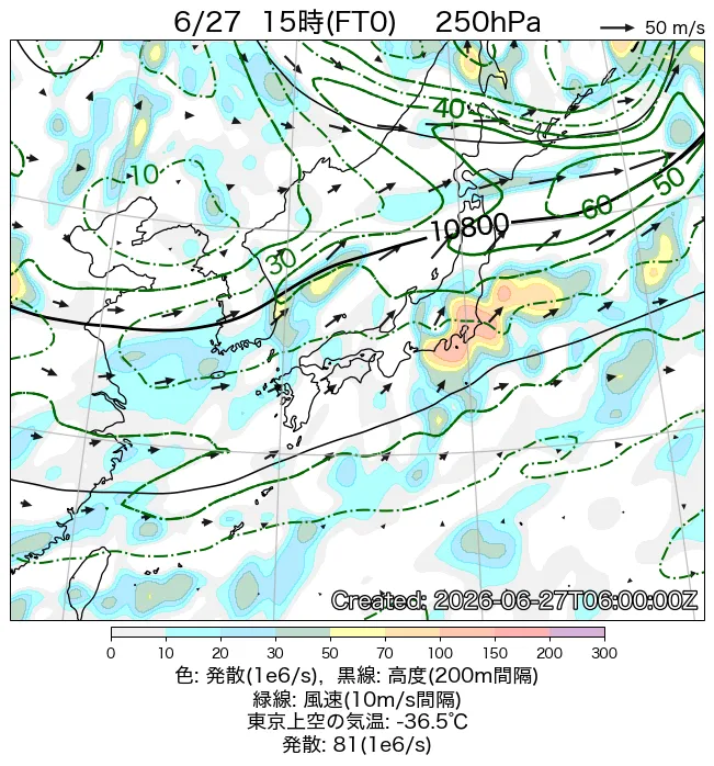 2026年6月27日の日本周辺の250hPa天気図（15時）