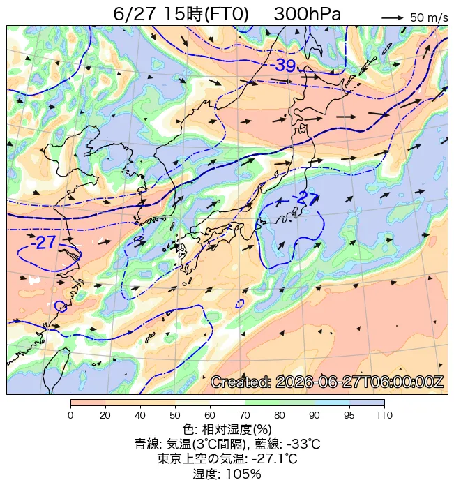 2026年6月27日の日本周辺の300hPa天気図（15時）