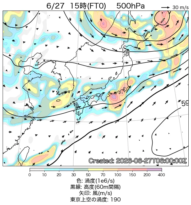 2026年6月27日の日本周辺の500hPa天気図（15時）