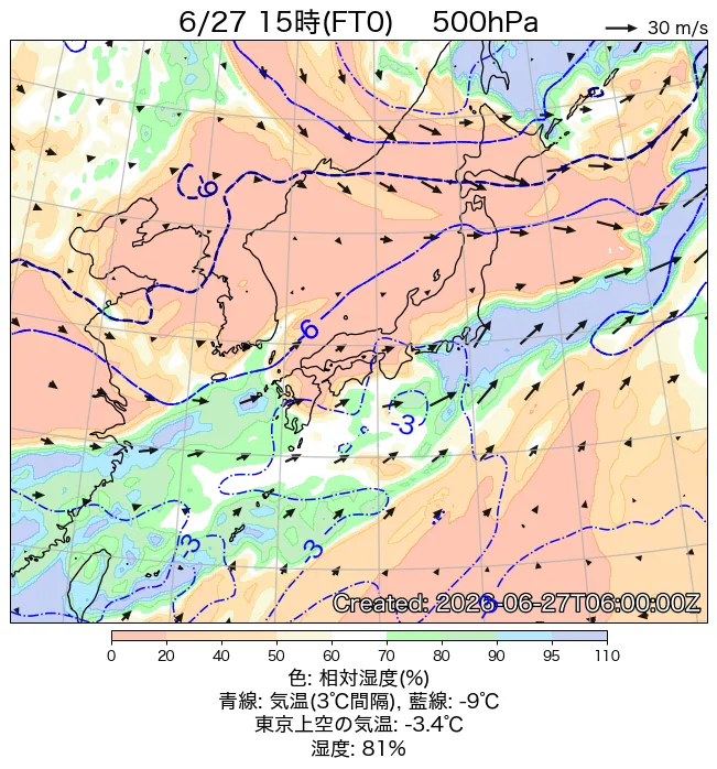2026年6月27日の日本周辺の500hPa天気図（15時）