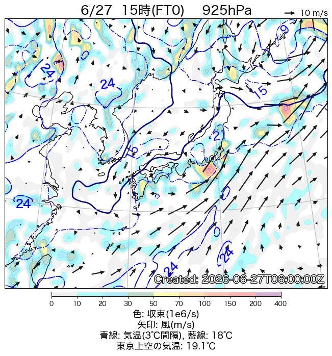 2026年6月27日の日本周辺の925hPa天気図（15時）