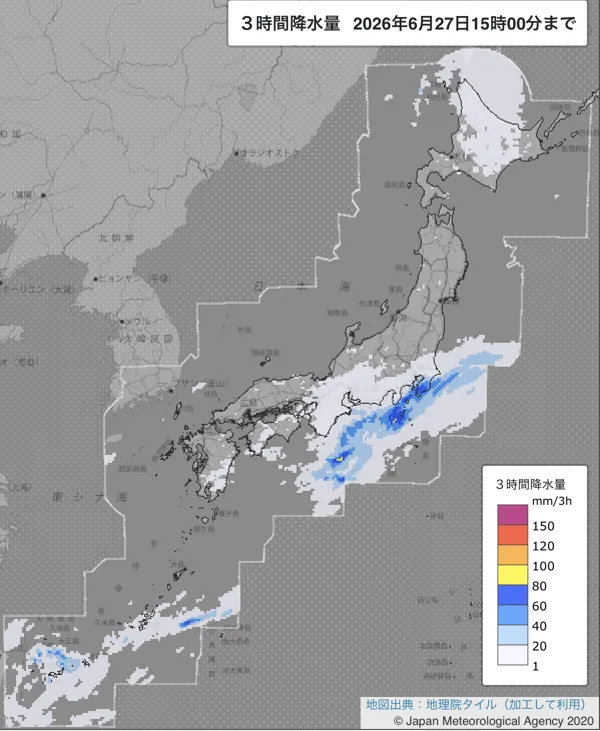 2026年6月27日12〜15時の日本周辺の3時間解析降水量