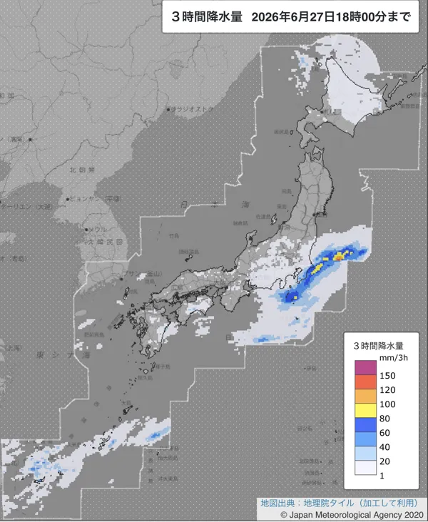 2026年6月27日15〜18時の日本周辺の3時間解析降水量