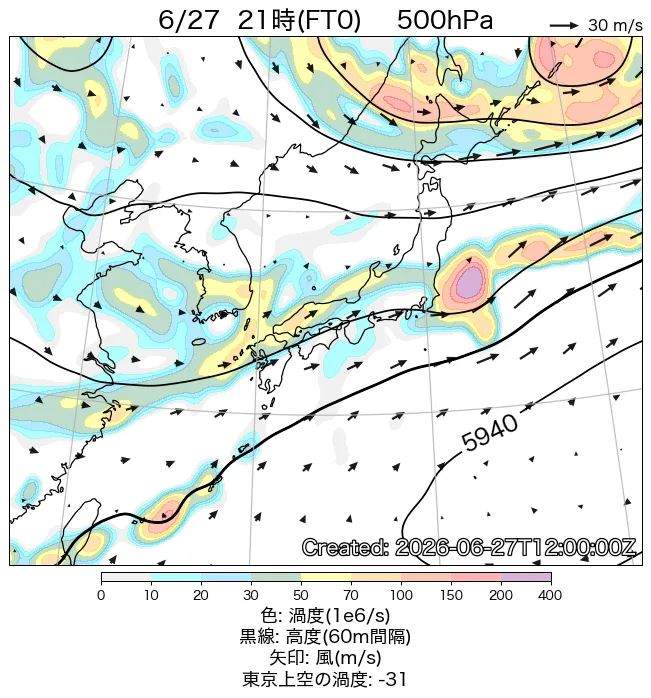 2026年6月27日の日本周辺の500hPa天気図（21時）