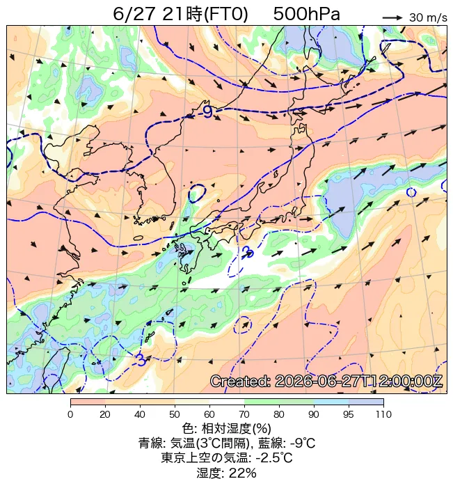 2026年6月27日の日本周辺の500hPa天気図（21時）