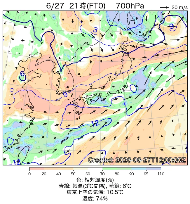 2026年6月27日の日本周辺の700hPa天気図（21時）