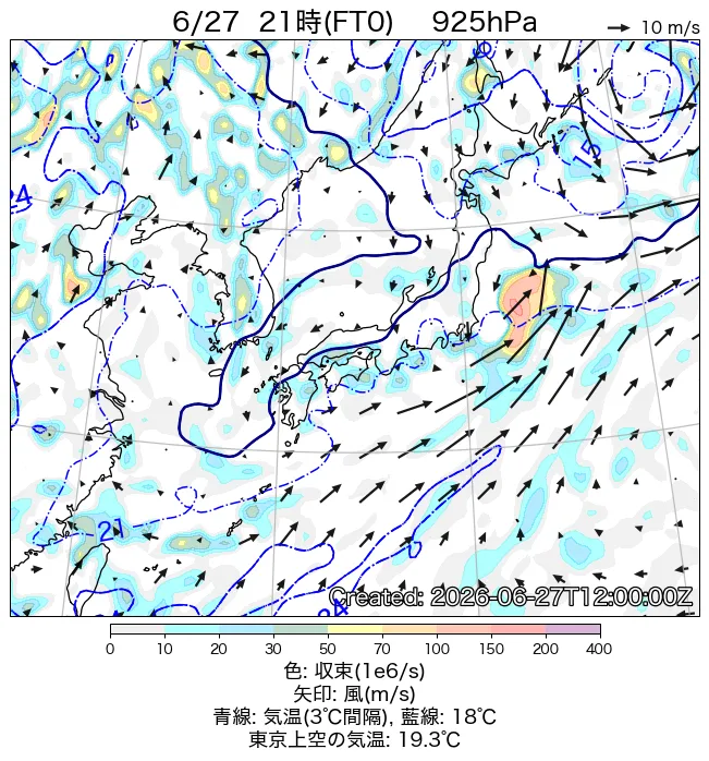 2026年6月27日の日本周辺の925hPa天気図（21時）
