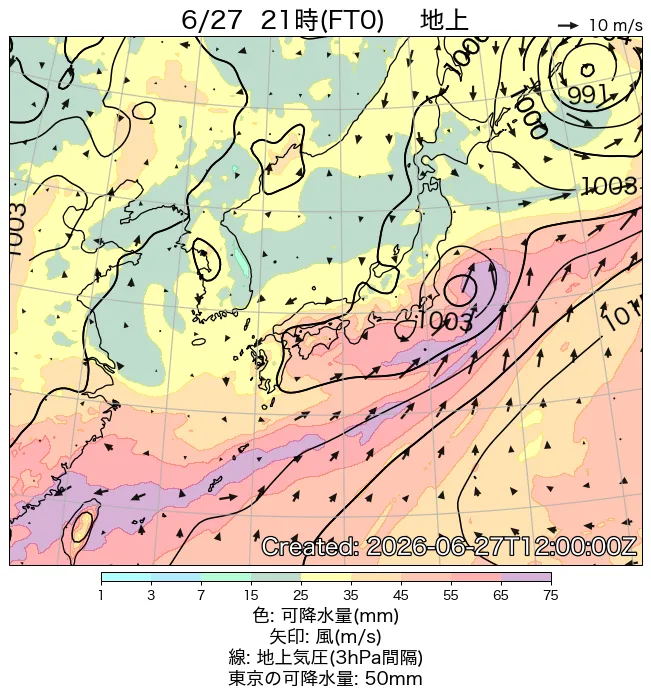 2026年6月27日の日本周辺の地上天気図（21時）