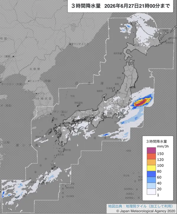 2026年6月27日18〜21時の日本周辺の3時間解析降水量