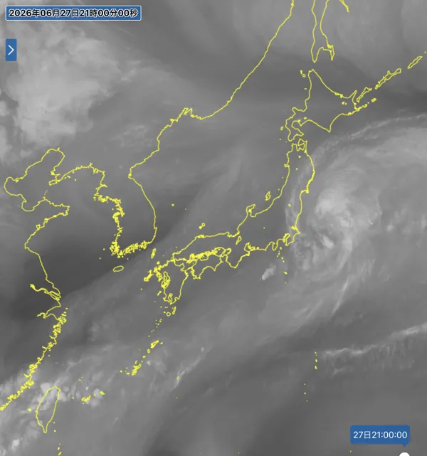 2026年6月27日21時の日本周辺の衛星水蒸気画像