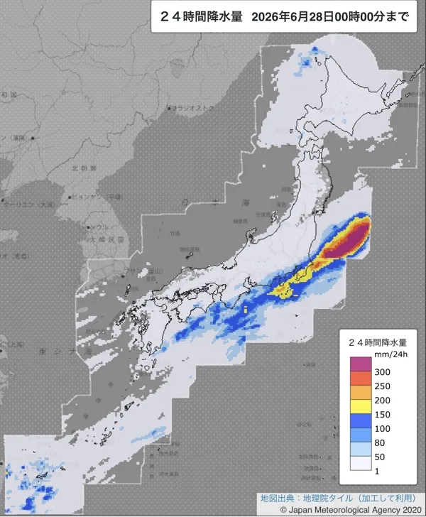 2026年6月27日の日本周辺の日解析雨量の図