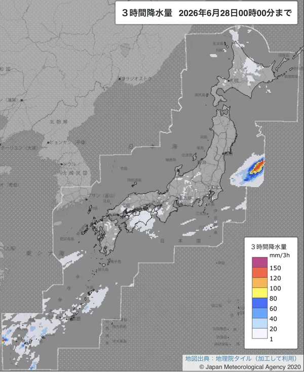 2026年6月27日21〜24時の日本周辺の3時間解析降水量