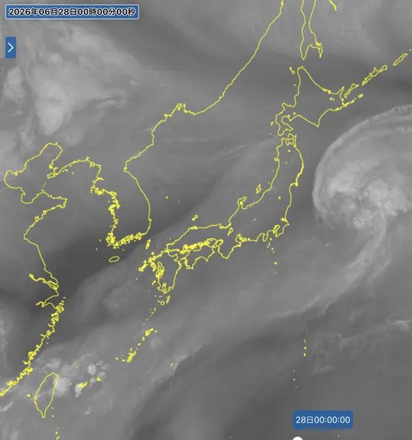 2026年6月27日24時の日本周辺の衛星水蒸気画像